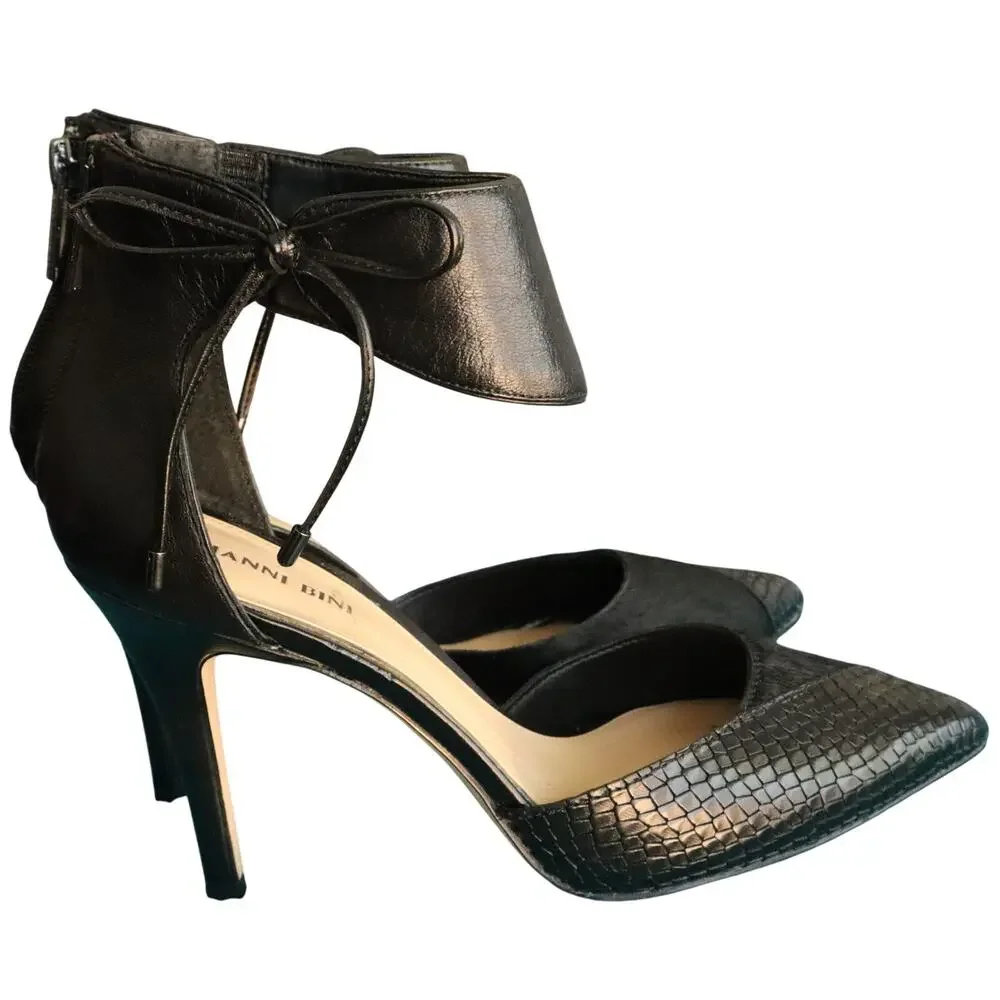 Gianni Bini Deeandra Heel Bow Ankle Strap Snakeskin Calf Hair Black 8.5 Stiletto